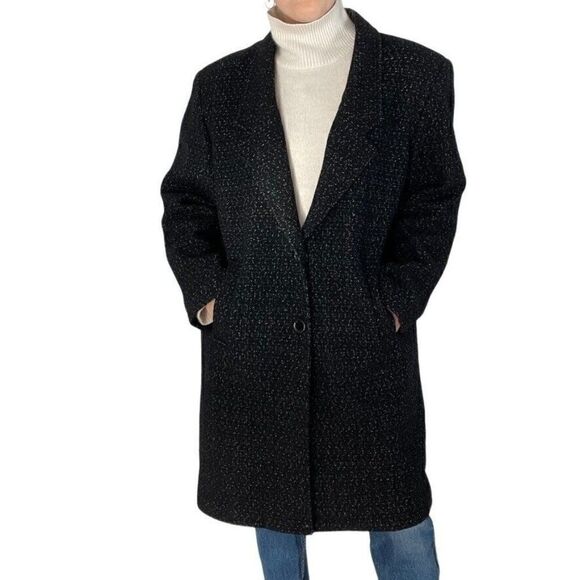 Vintage 1990s Black White Speckled 100% Wool Mid Length Trench Coat Sz 16 - Picture 1 of 11